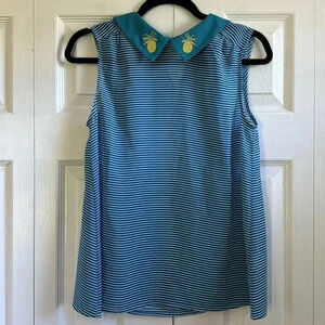 ModCloth Blue & White Stripped Top, Peter Pan collar & Embroidered 🍍 size S